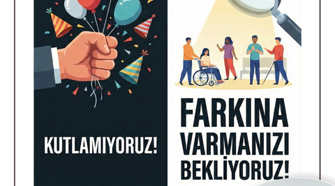 Görsel iki eşit dikey bölüme ayrılmış. Sol taraftaki siyah zemin üzerinde bir el, çok sayıda renkli balonun iplerini sımsıkı tutarak aşağıya doğru çekiyor. Etrafında konfetiler ve parti şapkaları uçuşuyor. Altında beyaz ve büyük harflerle “KUTLAMIYORUZ!” yazıyor. Sağ tarafta ise beyaz arka plan üzerine bir sahne çizimi var. Büyük bir büyüteçten çıkan sarı ışık huzmesiyle aydınlatılan alanda; tekerlekli sandalyede bir kadın, işaret diliyle konuşan iki kişi ve ayakta duran bireyler bulunuyor. Altında kalın siyah harflerle “FARKINA VARMANIZI BEKLİYORUZ!” yazısı yer alıyor. En alt kısımda sosyal medya ikonları ve “/heysosyal” ifadesi, sağ alt köşede ise HEYAkademi logosu bulunuyor.