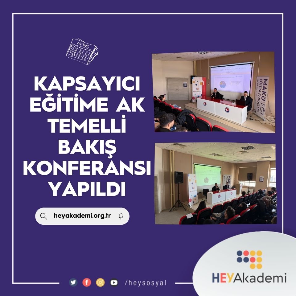 Mor zemin üzerine tasarlanmış bir afiş yer alıyor. Sol tarafta büyük ve beyaz harflerle “Kapsayıcı Eğitime AK Temelli Bakış Konferansı Yapıldı” ifadesi dikkat çekiyor. Yazının üst kısmında küçük bir gazete illüstrasyonu bulunuyor. Sağ tarafta, bir konferans salonunda gerçekleşen etkinliğe ait iki fotoğraf yer alıyor. Fotoğraflarda bir sunum ekranı, masa arkasında konuşmacılar ve dinleyicilerin oturduğu sıralar görülüyor. Salon düzeni, projeksiyon perdesi ve ses sistemi gibi sunum ortamına ait unsurlar seçilebiliyor. Afişin alt kısmında bir arama çubuğu içinde “heyakademi.org.tr” yazısı yer alıyor. En altta sosyal medya simgeleri ve “/heysosyal” ifadesi bulunuyor. Sağ alt köşede ise “HEY Akademi” logosu yer alıyor.